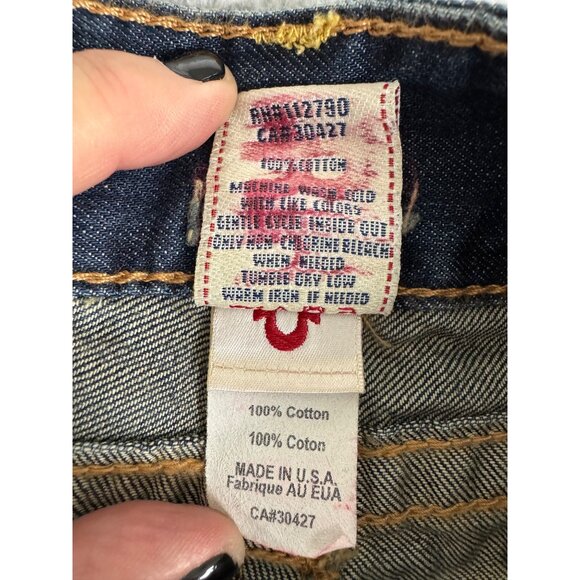 True Religion Womens Denim Mini Skirt Size 26 Frayed Hem Y2K Cotton USA Made - Picture 9 of 12